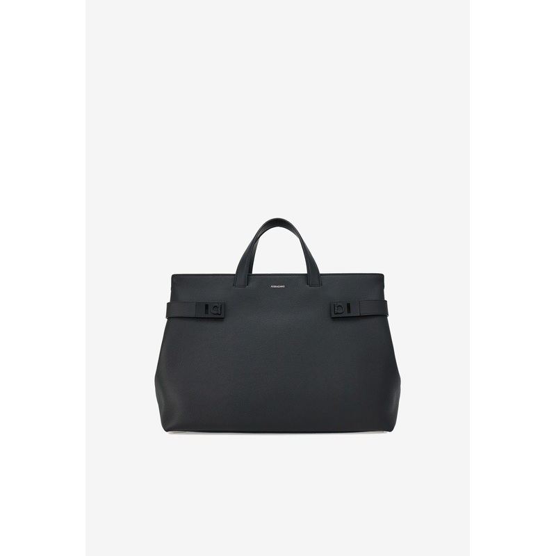 Gancini Buckle Hammered Leather Tote Bag