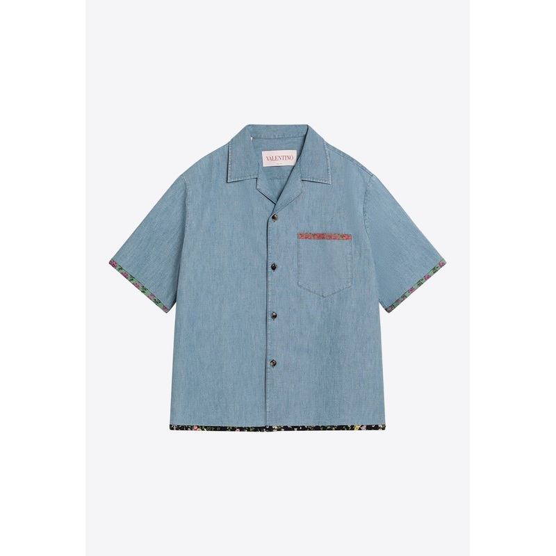 Floral-Trimmed Denim Bowling Shirt