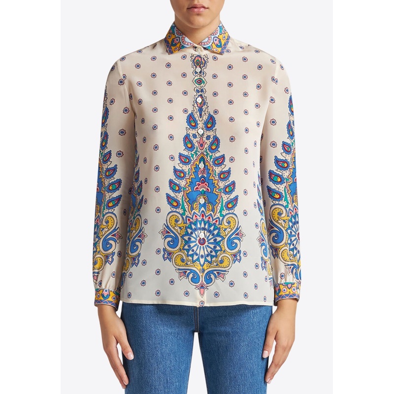 Daisy Print Button-Up Silk Shirt