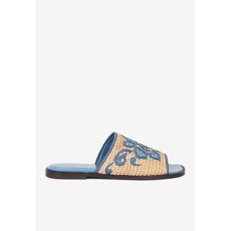 Floral Embroidered Woven-Raffia Slides