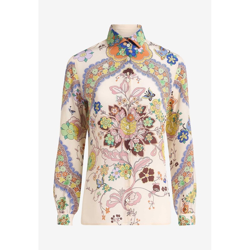 Floral Paisley Print Button-Up Silk Shirt