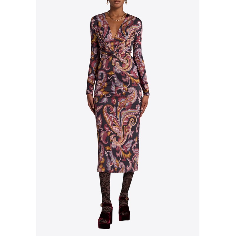 Paisley Print Draped V-neck Midi Dress