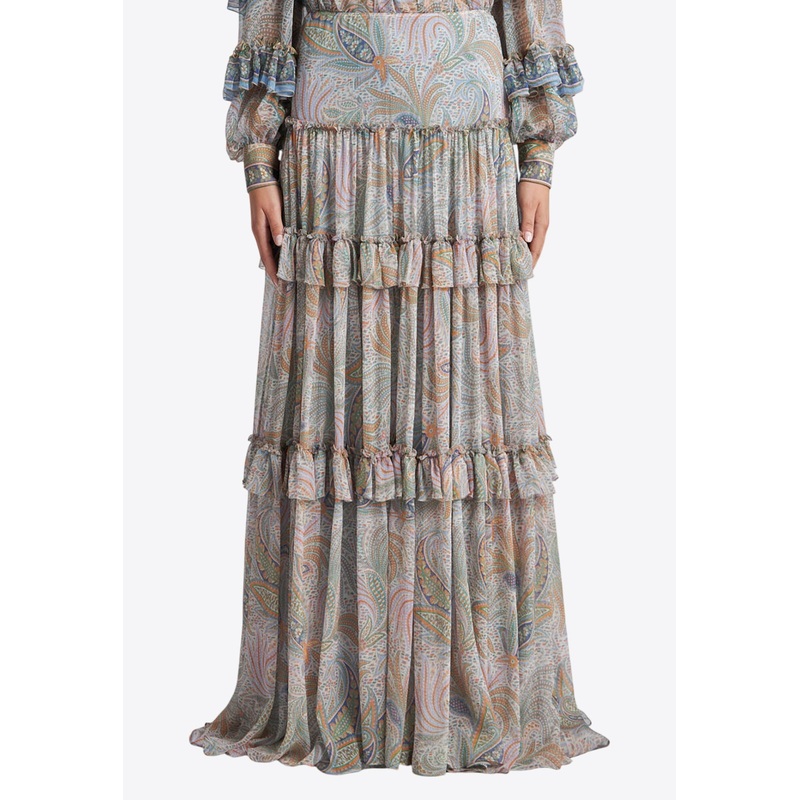 Paisley Print Ruffled Maxi Skirt