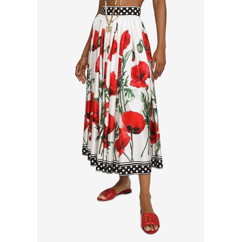 Poppy-Print Midi Silk Skirt
