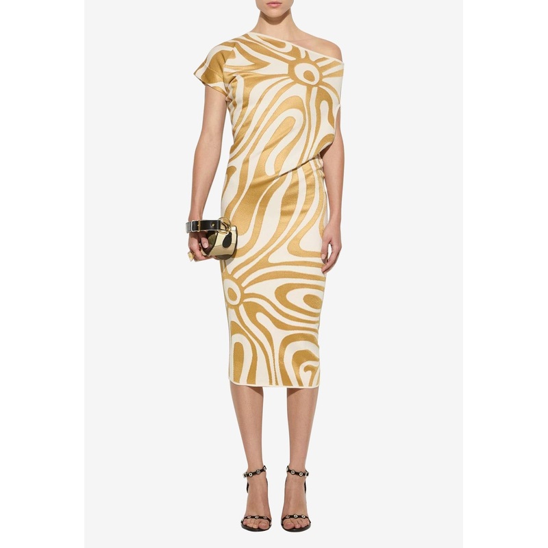 Draped Marmo Print Midi Dress