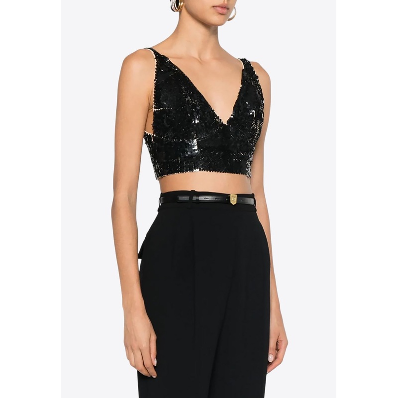 Grand V-neck Sequined Cropped Top