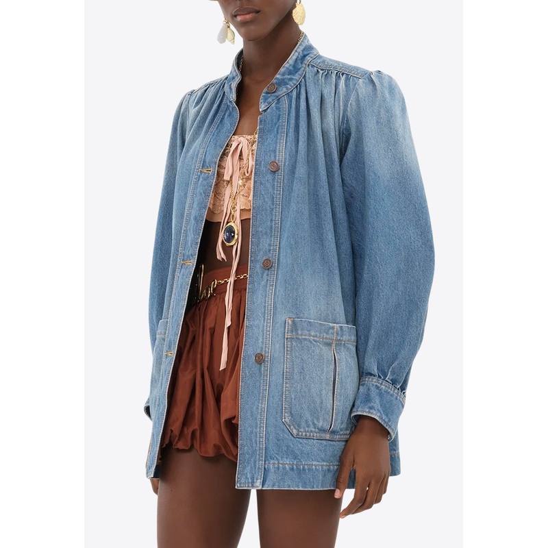 High-Neck Button Up Denim Jacket