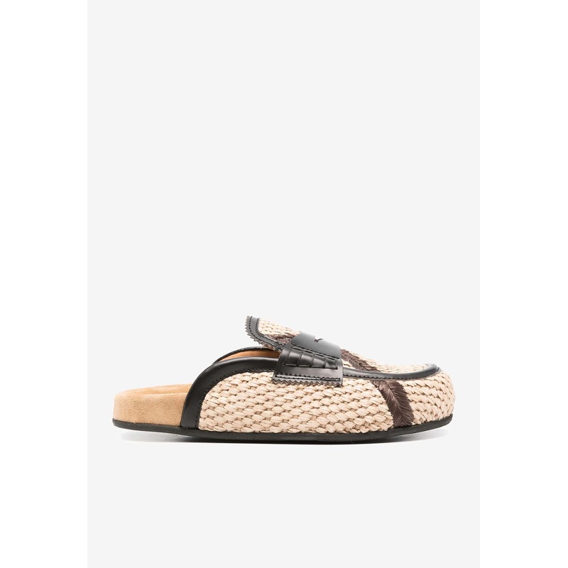 Leather-Trimmed Raffia Flat Mules