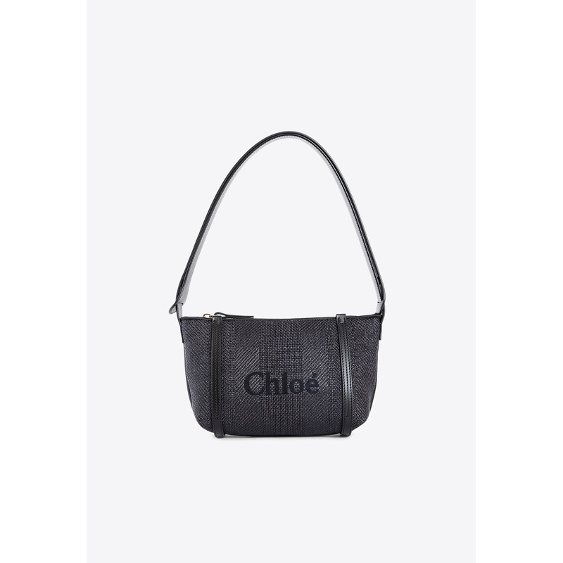 Logo Embroidered Woven-Raffia Shoulder Bag