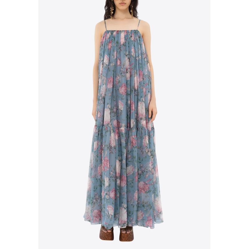 Peonies Print Sleeveless Maxi Dress