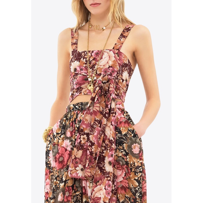 Rose Print Front-Tie Sleeveless Top