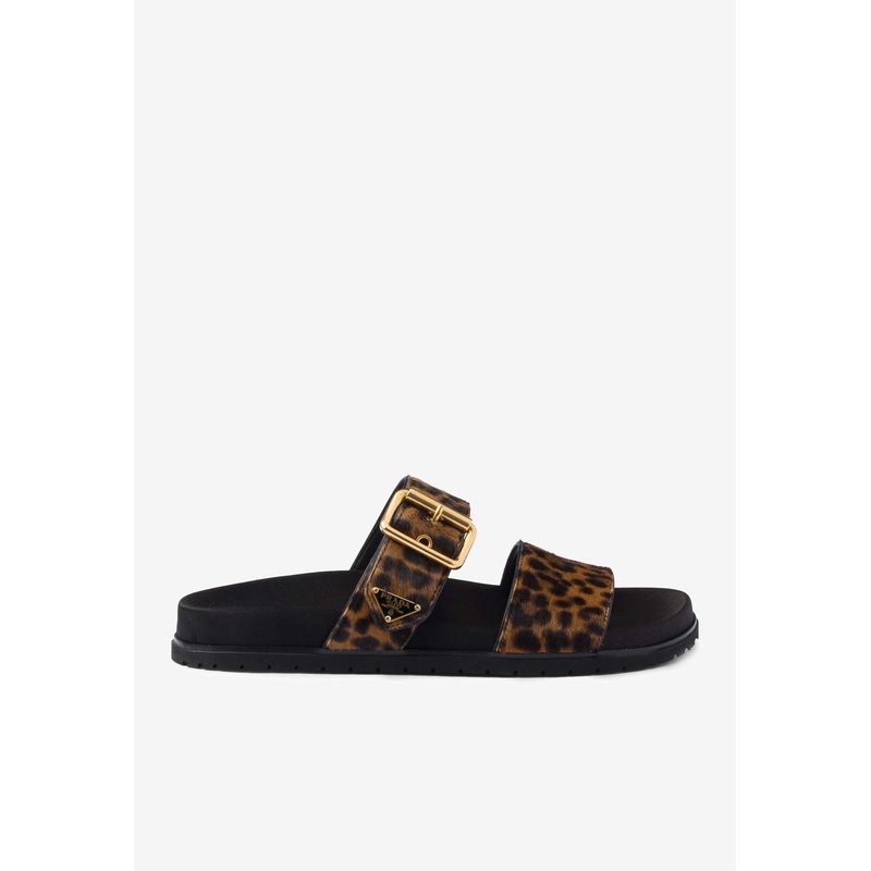 Triangle Logo Leopard Print Flat Sandals