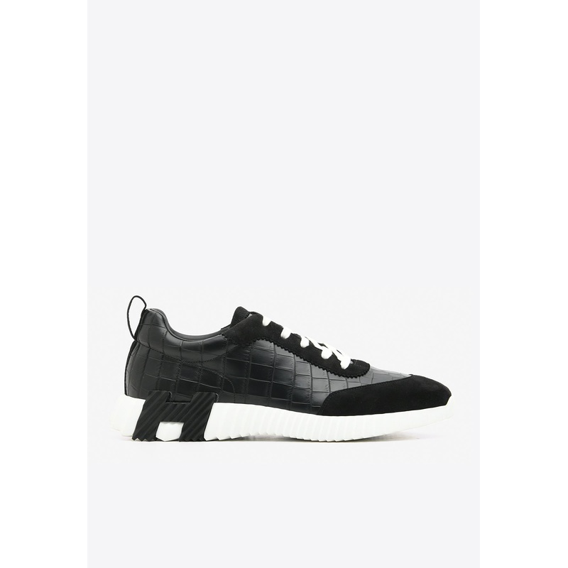 Bouncing Low-Top Sneakers in Black Matte Nilo Crocodile and Suede