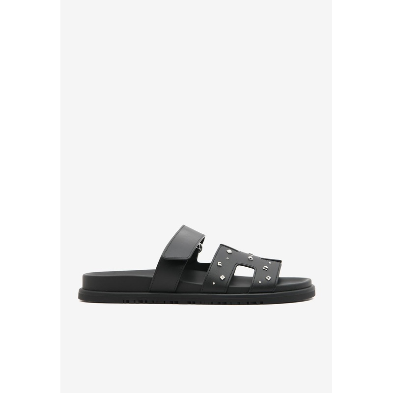Chypre Sandals in Black Calfskin with Medor Studs