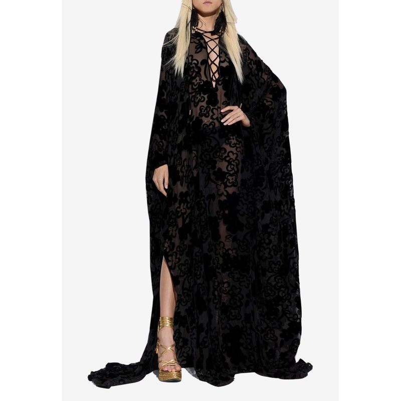 Floral Jacquard Hooded Kaftan Dress
