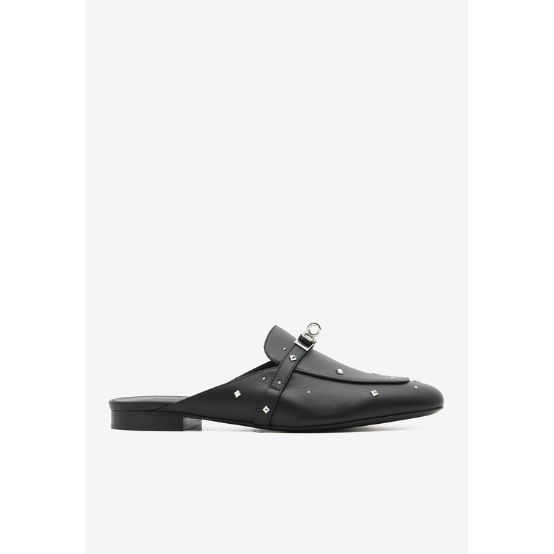 Oz Flat Mules in Black Calfskin with Medor Studs and Palladium Kelly Buckle