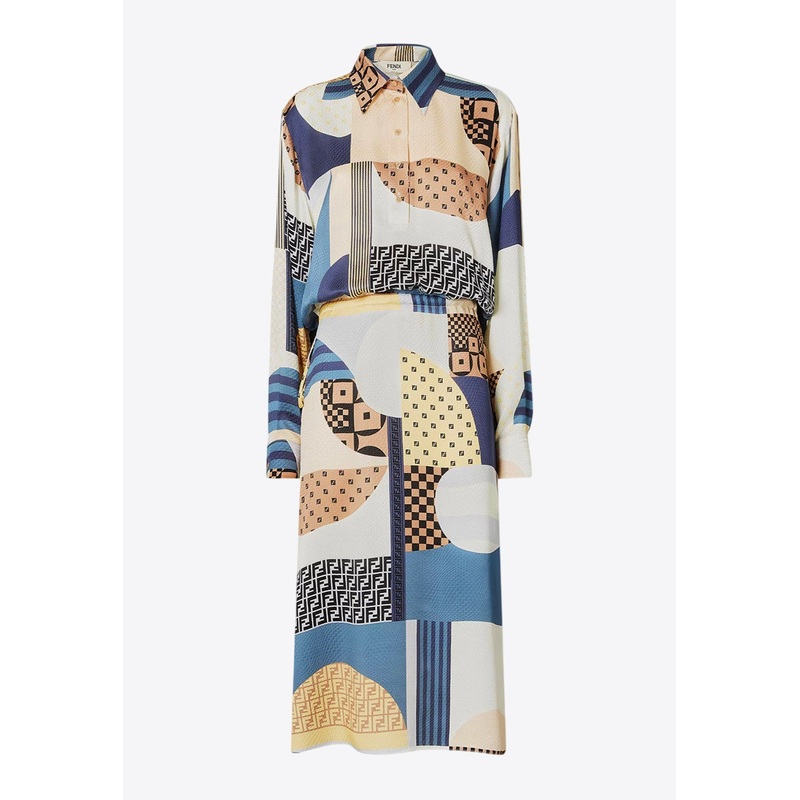 Patchwork Long-Sleeved Midi Dress