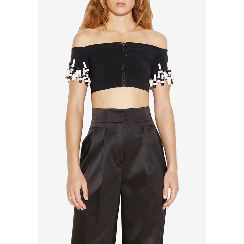 Fringe-Trimmed Off-Shoulder Cropped Top