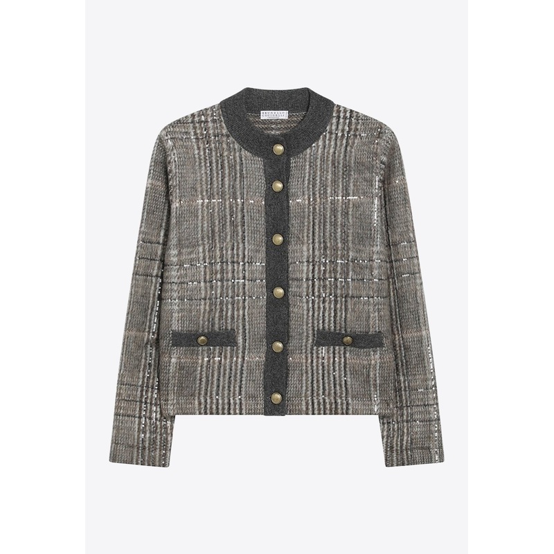 Jacquard Cardigan with Check-Embroidery