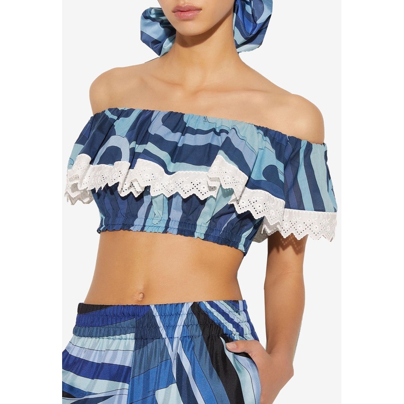 Marmo-Print Off-Shoulder Cropped Top