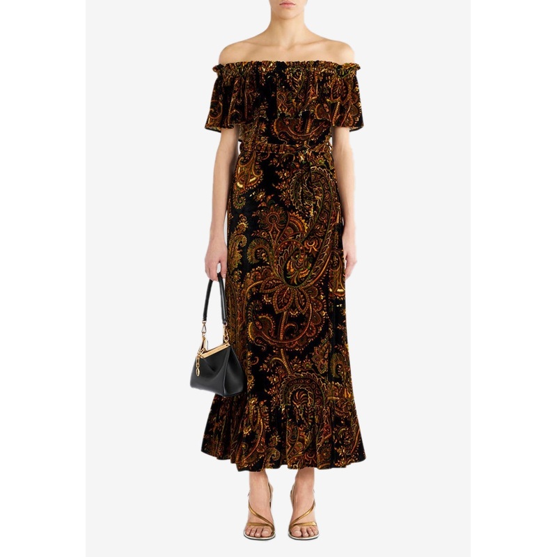 Paisley Off-Shoulder Velvet Maxi Dress