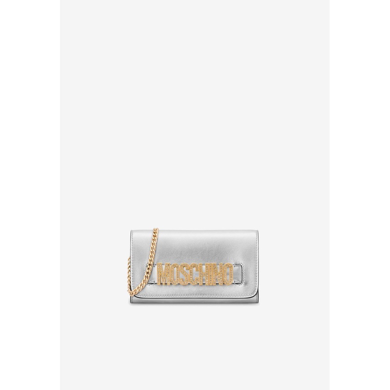 Crystal Embellished Logo Wallet in Metallic Nappa Leather