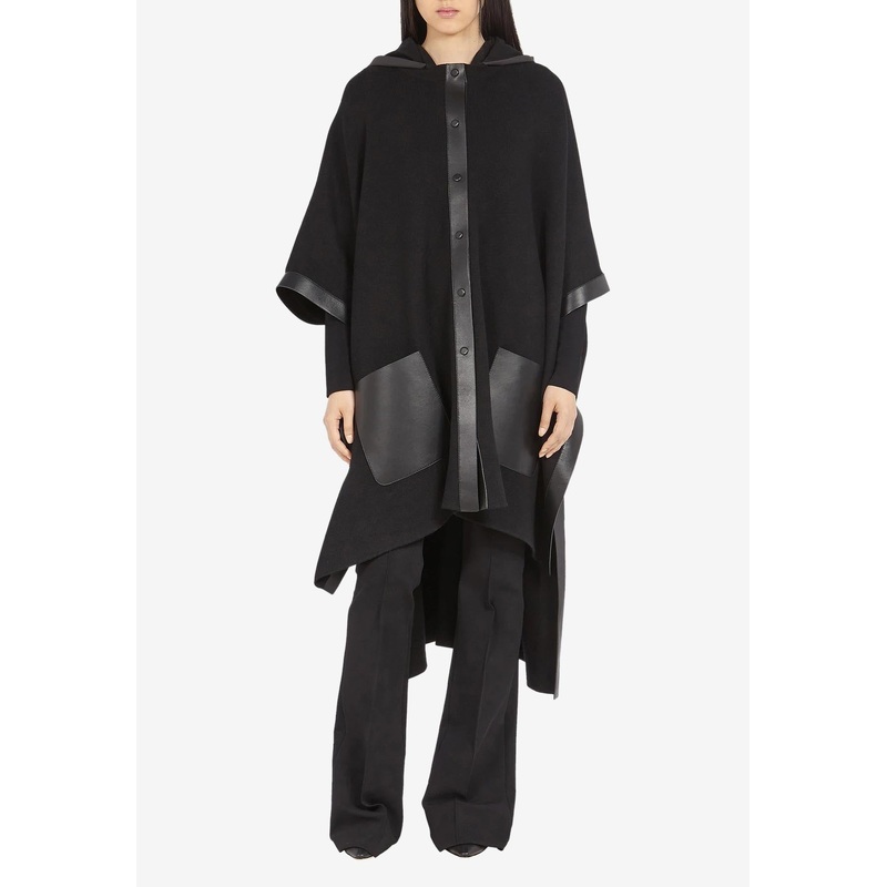Leather-Trimmed Poncho with Hood