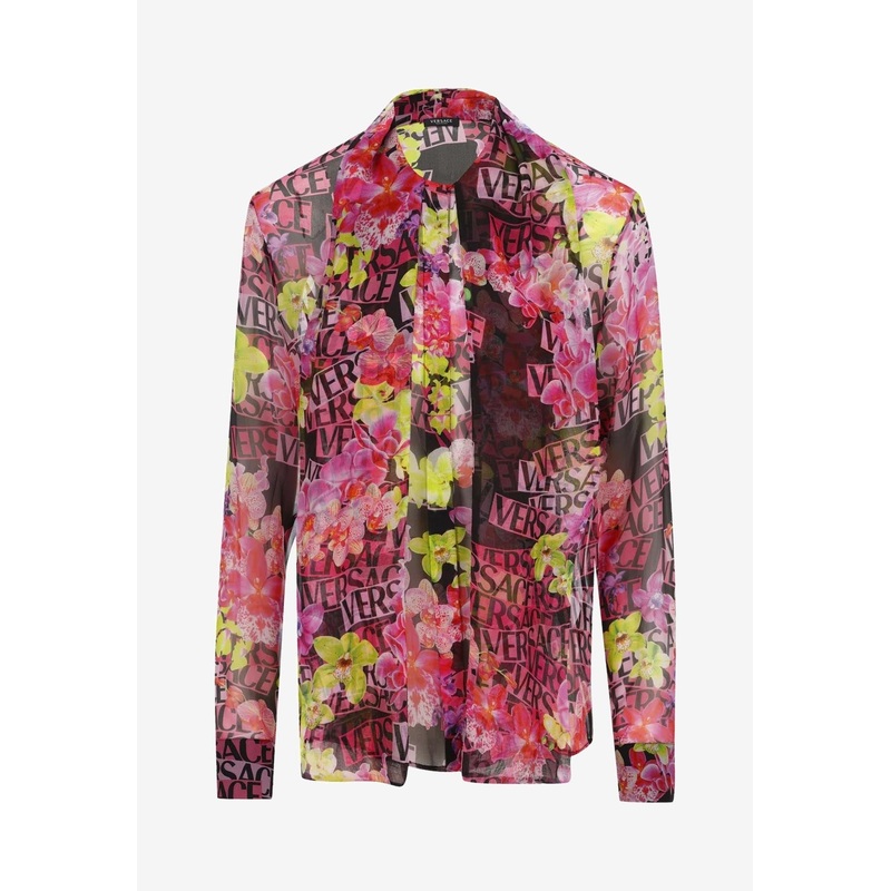 Logo Orchid Print Silk Shirt