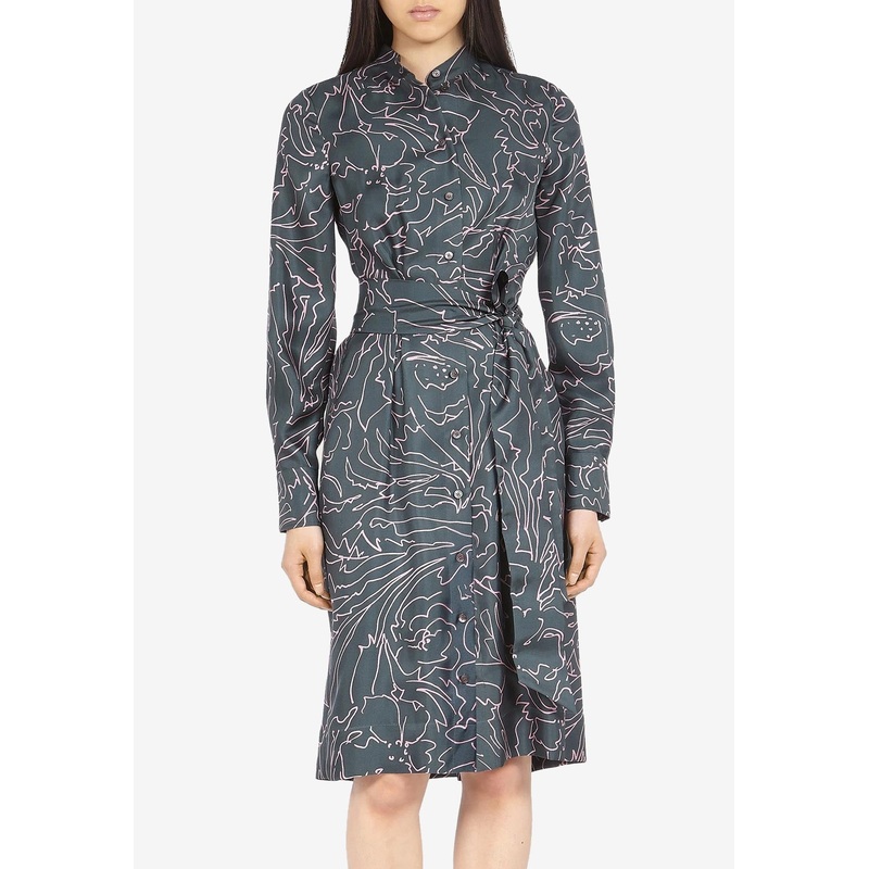 Printed Long-Sleeved Shirt Dress in Silk