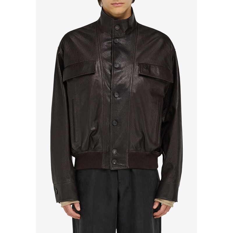 High-Neck Grained Leather Jacket