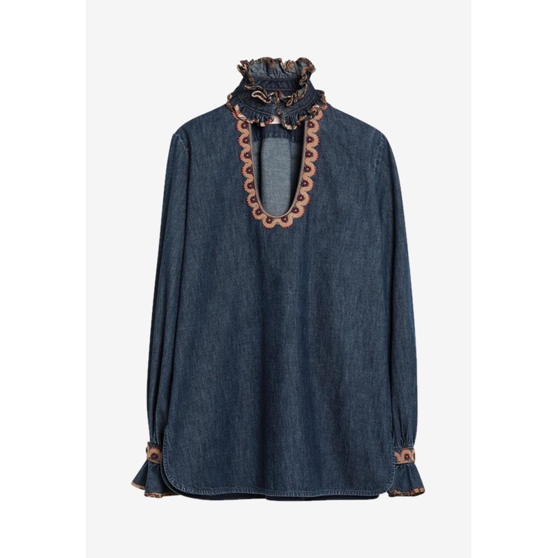 Embroidered Long-Sleeved Denim Top