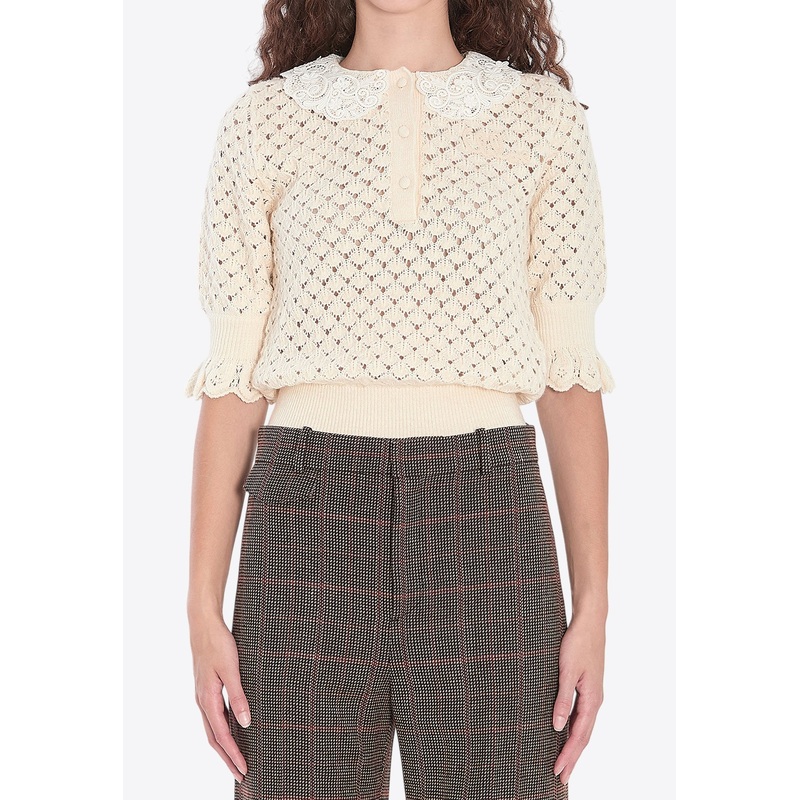 Lace-Trimmed Open Knit Blouse