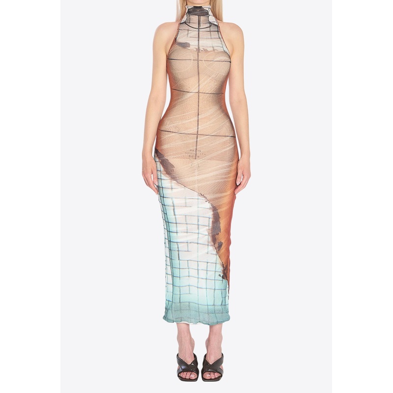 Fire Print High-Neck Maxi Dress