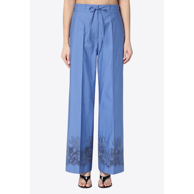 Elastic-Waist Pants with Floral-Embroidery