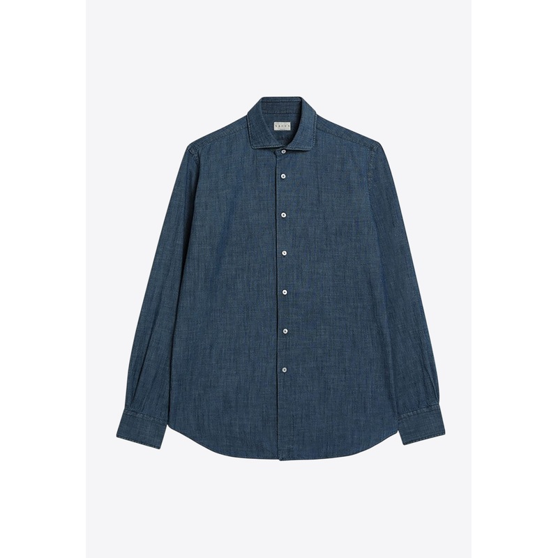 Long-Sleeved Denim Shirt in Linen Blend