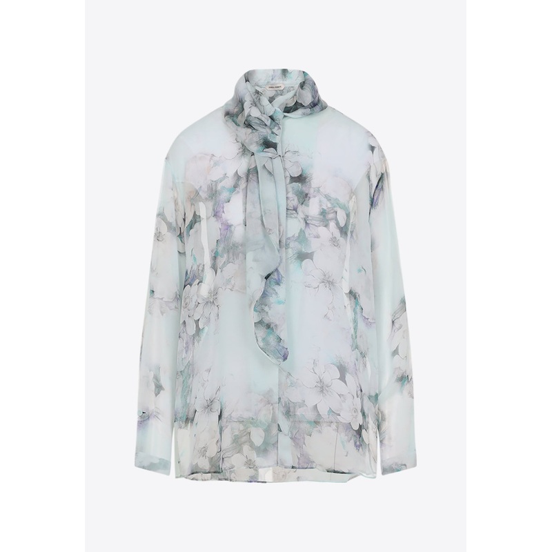Floral Print Chiffon Blouse with Knot Tie