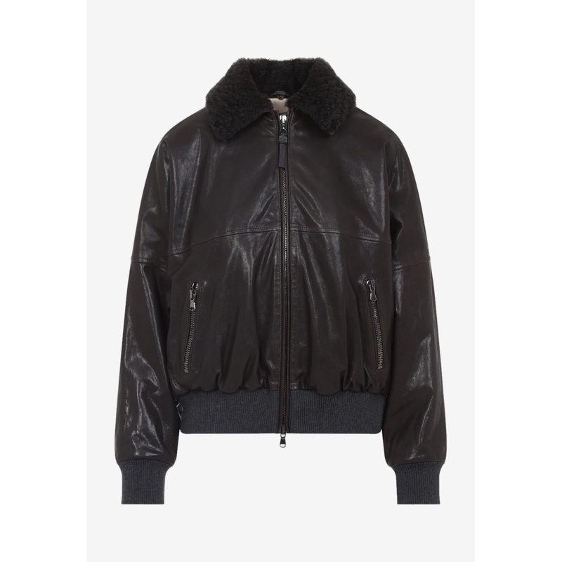Shearling-Collar Leather Jacket