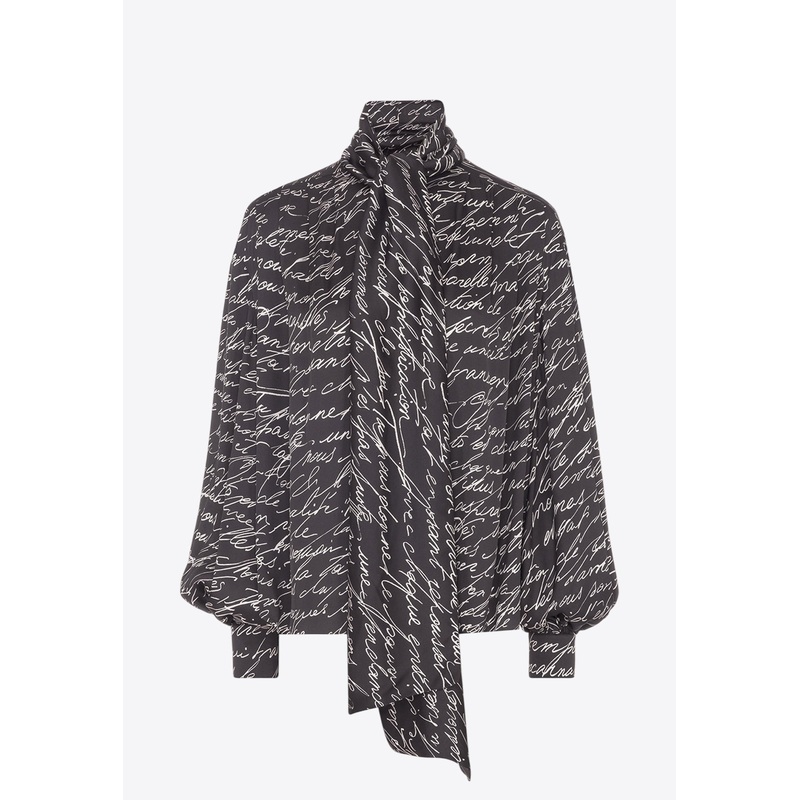 Love Letter Print Silk Blouse with Bow