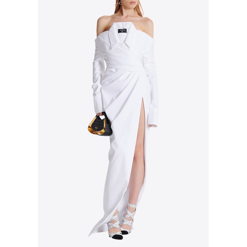 Shirt-Effect Off-Shoulder Poplin Maxi Dress