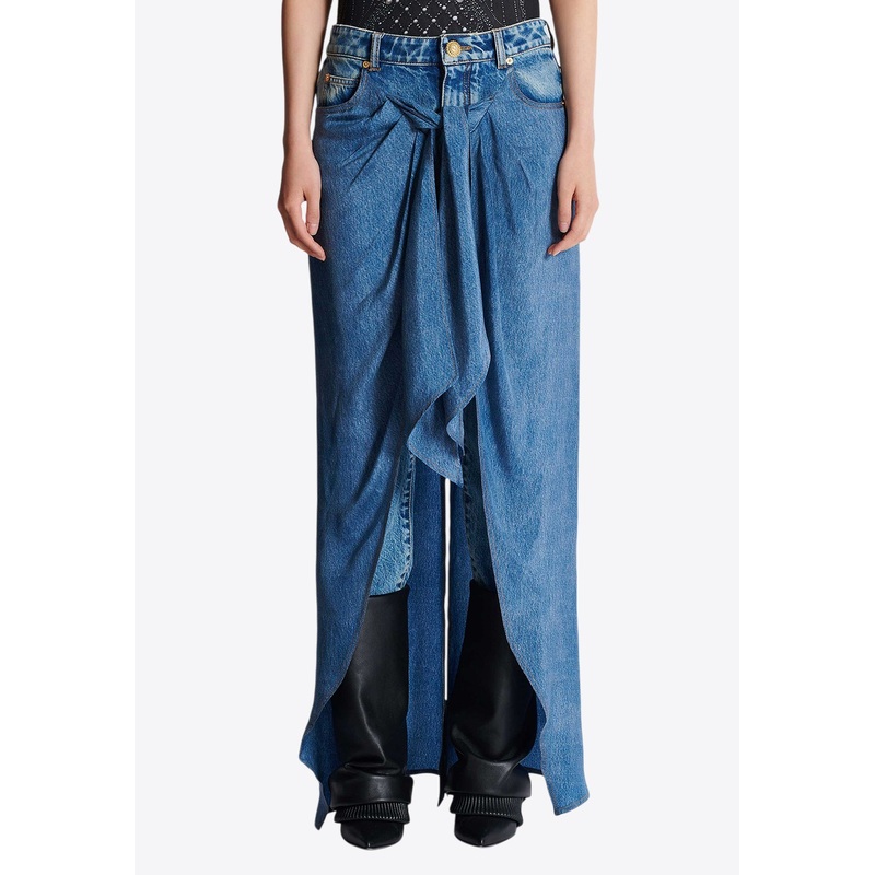 Straight Jeans with Draped Midi Skirt