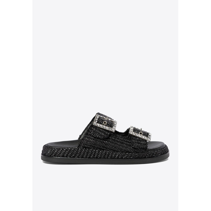 Greta Crystal Buckle Raffia Sandals