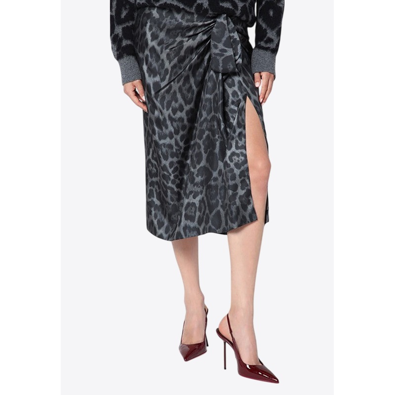 Leopard Print Asymmetric Silk Midi Skirt
