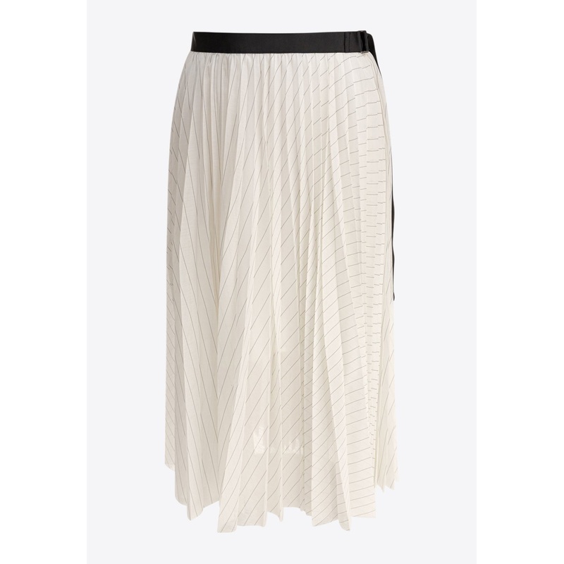 Stripe Pleated Midi Skirt with Belt
