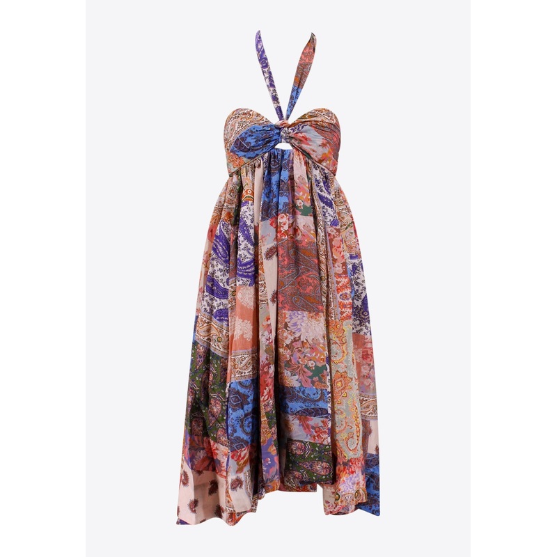 Devi Paisley Print Halterneck Midi Silk Dress