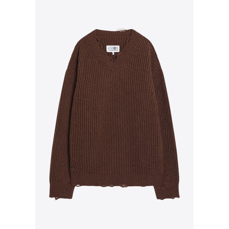 V-neck Distressed Wool-Blend Sweater