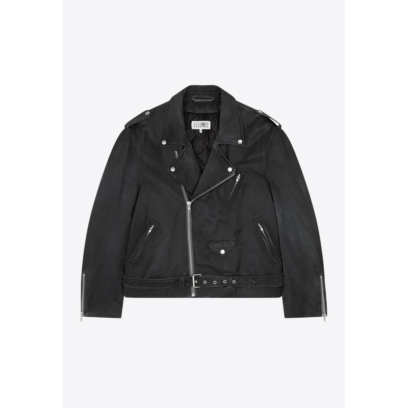 Washed-Effect Biker Jacket