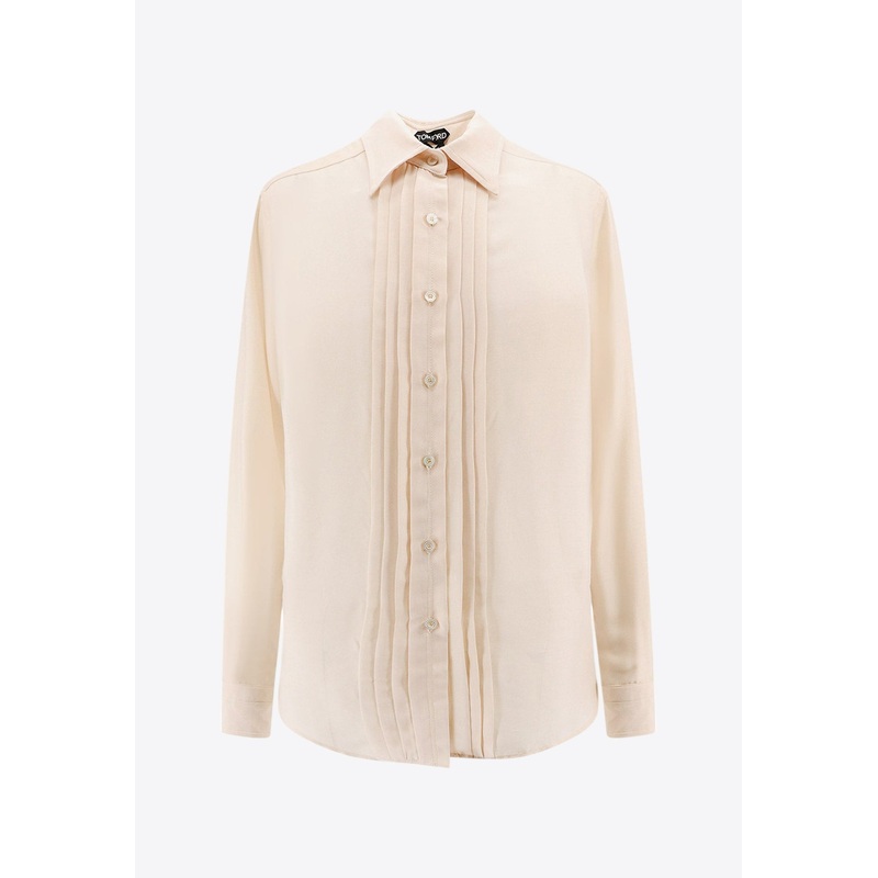 Plisse Plastron Button-Up Silk Shirt