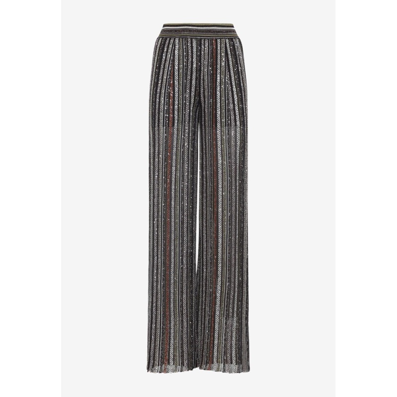 Sequined Straight-Leg Striped Pants