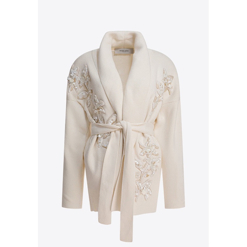 Floral Embroidered Belted Cardigan