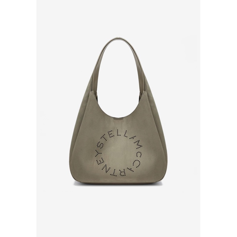 Large Perforated Logo Faux Suede Hobo Bag